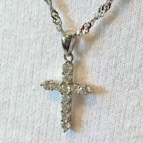 Cross Necklace Sterling Silver Cubic Zirconia Pendant 925 17in Twist Chain - Picture 13 of 14
